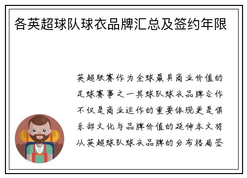 各英超球队球衣品牌汇总及签约年限