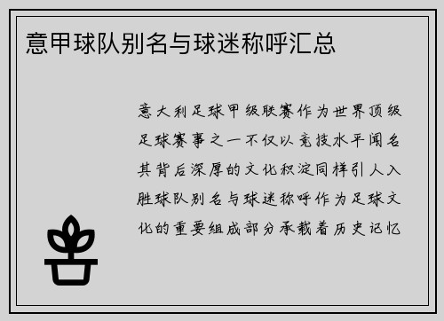 意甲球队别名与球迷称呼汇总