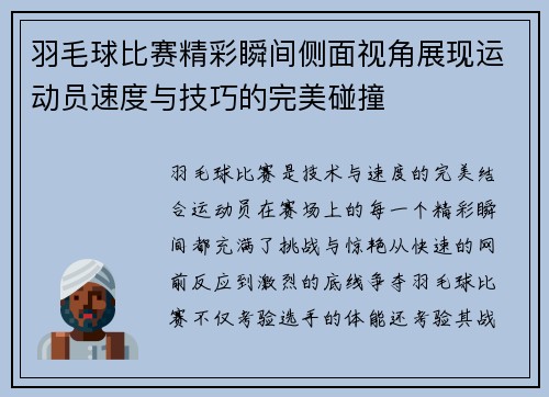 羽毛球比赛精彩瞬间侧面视角展现运动员速度与技巧的完美碰撞